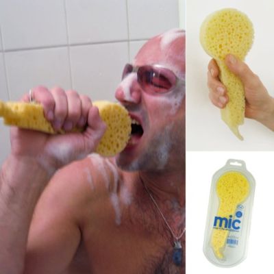 man singing in shower with the microphone sponge